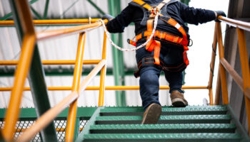 A Construction Worker Climbing Stairs While Wearing A Safety Harness Locked To The Nearby Railing.