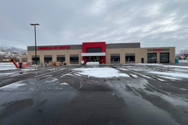 Front Exterior Of General RV Super Center - Weber, UT In Winter.