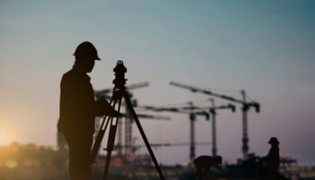 An Image Of A Surveyor Taking Measurements In The Foreground Of A Large Construction Site.